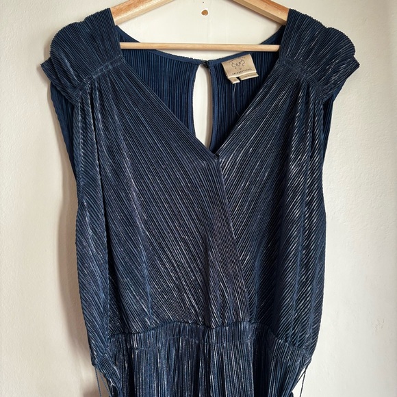 Anthropologie Vanessa Virginia Blue Metallic Wide Leg Jumpsuit XL - Picture 4 of 6